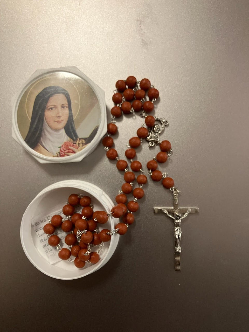 Rose Petal Rosary Enclosed In St. Therese of Lisieux Case