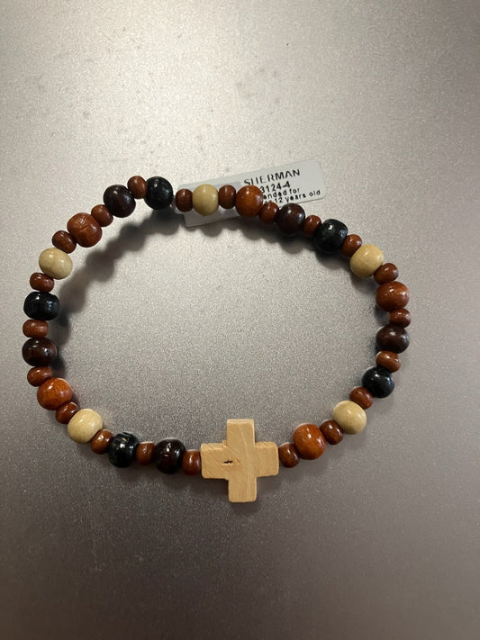 Wood Bead With Cross Stretch Bracelet