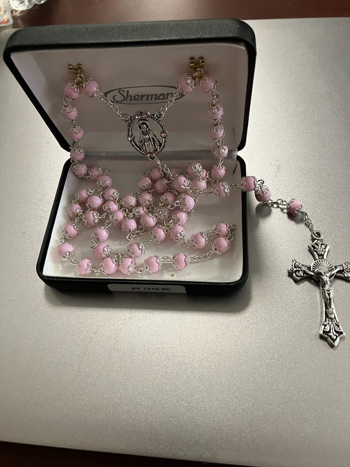 Pink Rosary With Jeweled Center