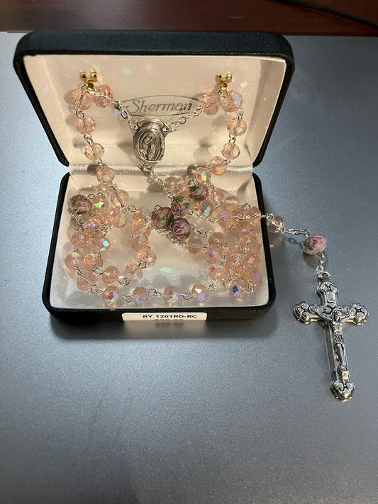 Pink Crystal Rosary with Roses Our Father Beads