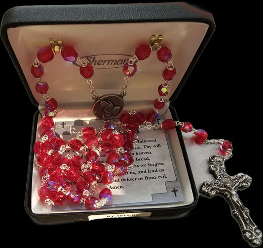 Red Glass Rosary with Praying Hands Center