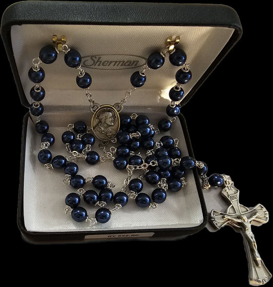 Sacred Heart of Jesus Rosary with Deep Blue Glass Beads