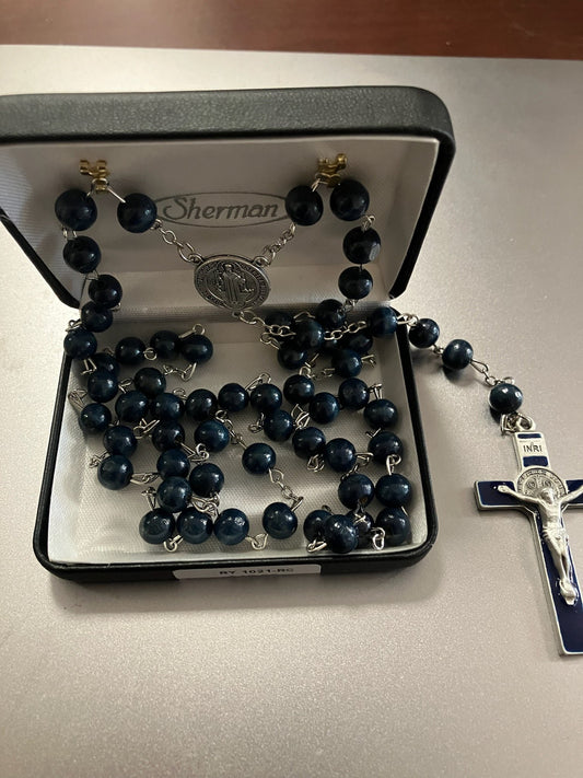 St. Benedict Rosary with Dark Blue Beads and Enamel Crucifix