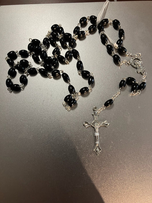 Black Wood Bead Rosary - Silver Center and Crucifix