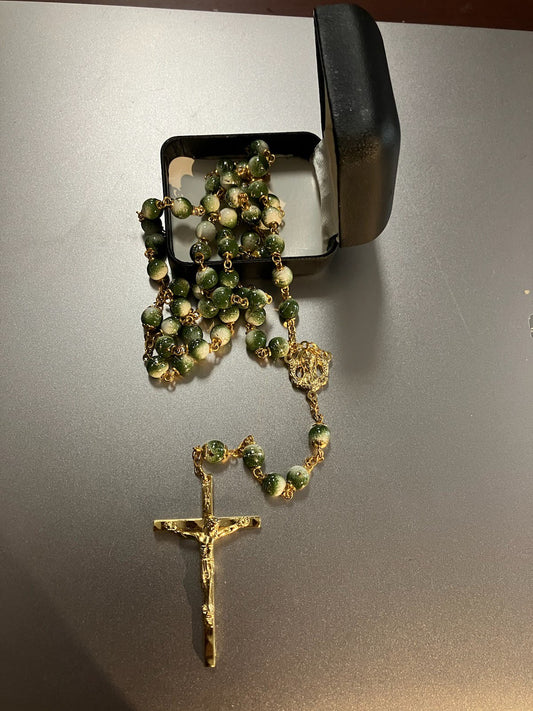 Green Marble Beads with Gold Tone Crucifix and Center