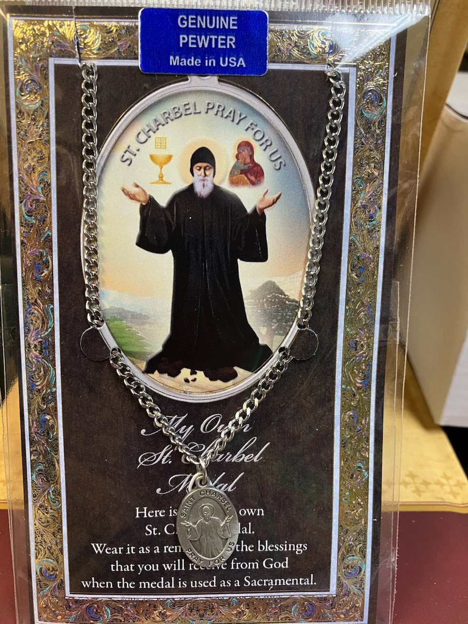 St. Charbel Pewter Medal with Chain and Holy Card