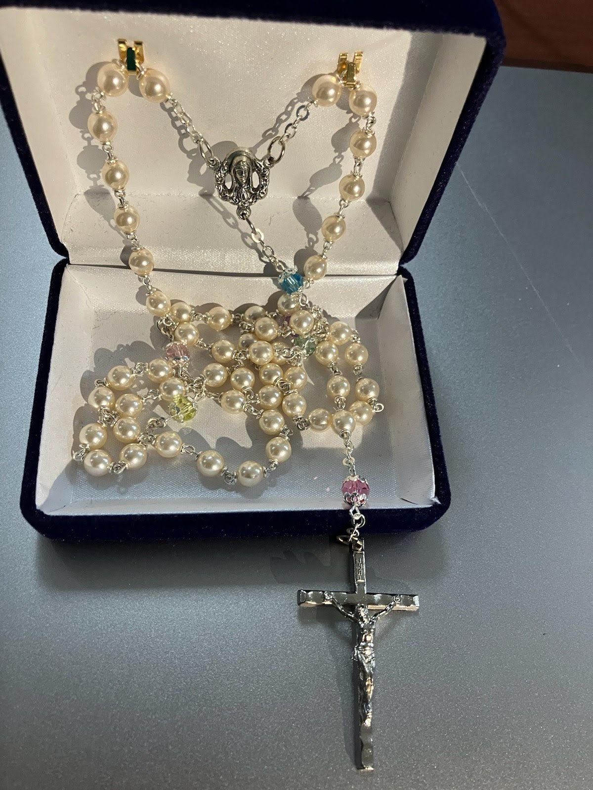 Pearl Rosary with Multicolor Tin Cut Our Father Beads