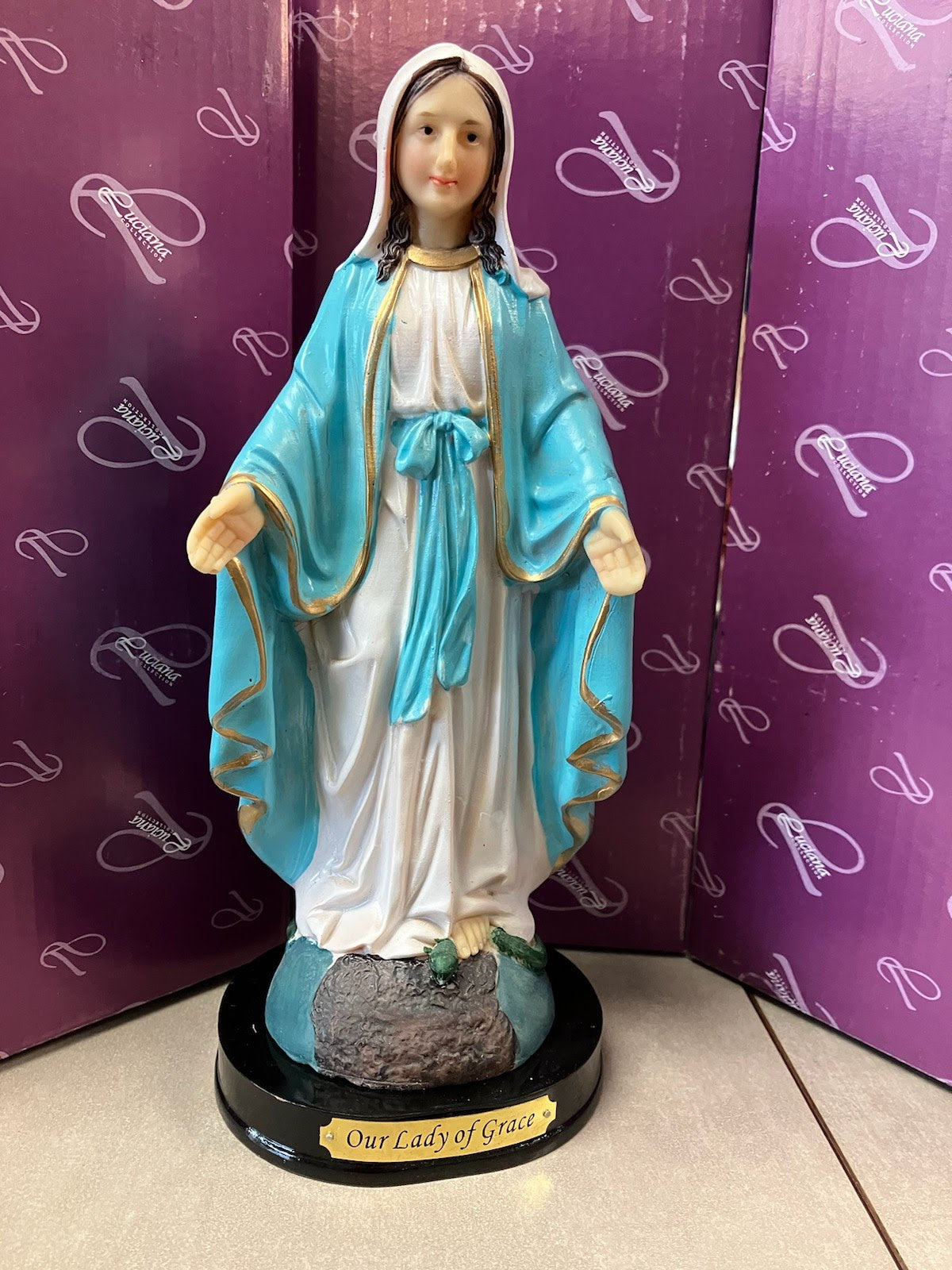 8" Our Lady of Grace Statue on Wood Base