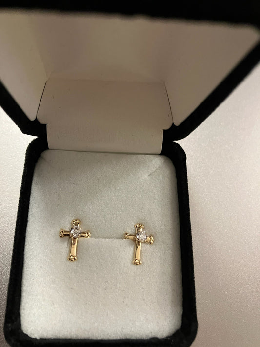 14 kt gold cross earrings with CZ stone