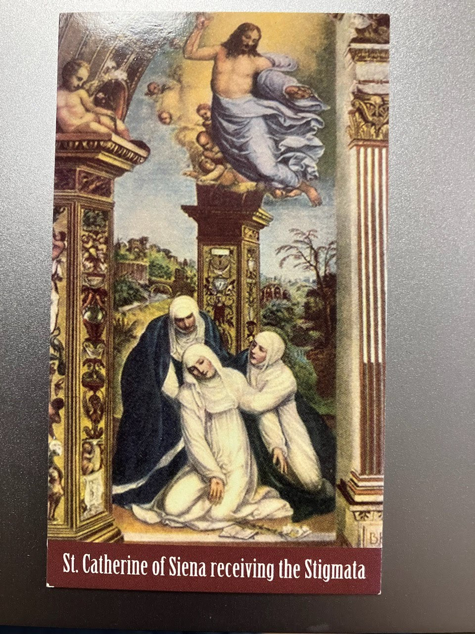 Prayer To St Catherine Of Siena Holy Card Depicting The Saint Receiving The Stigmata