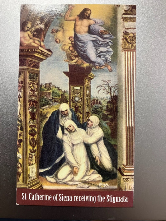 Prayer To St Catherine Of Siena Holy Card Depicting The Saint Receiving The Stigmata