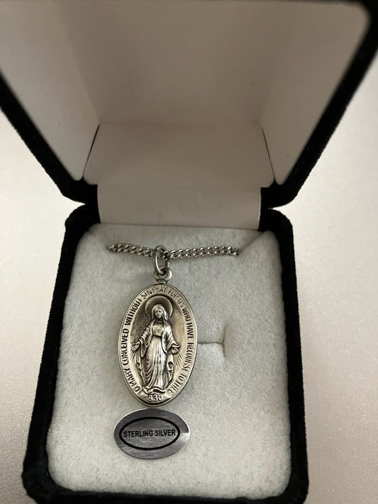 Sterling Silver Oval Miraculous Medal on chain