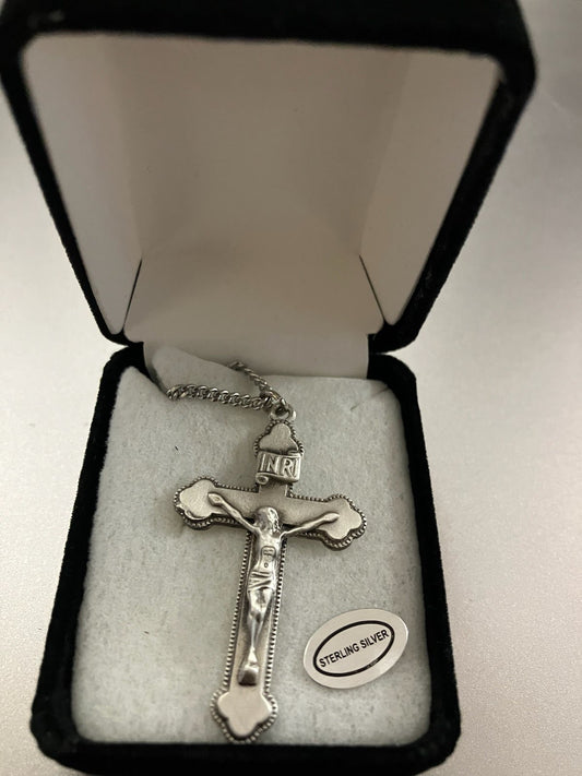 Sterling Silver Crucifix Medal on Rhodium Chain