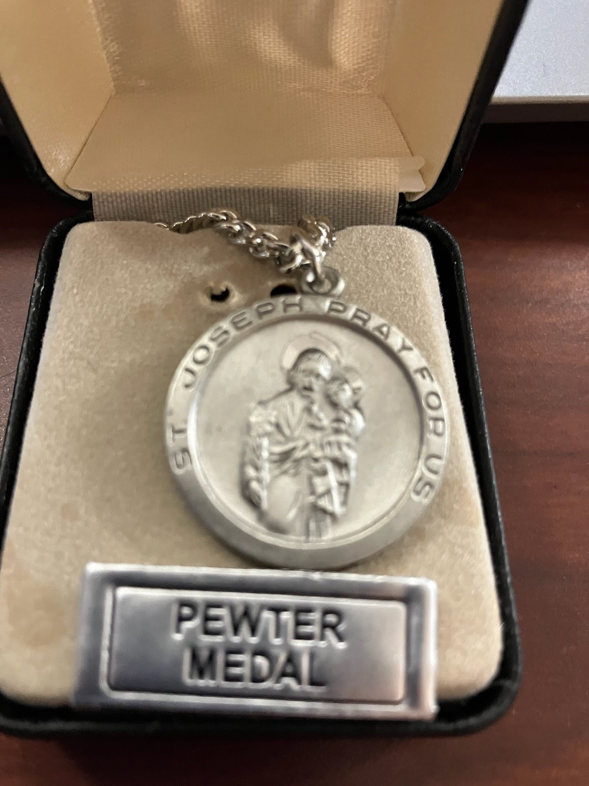 Preowned St. Joseph Pewter Medal on 24" Stainless Steel Chain