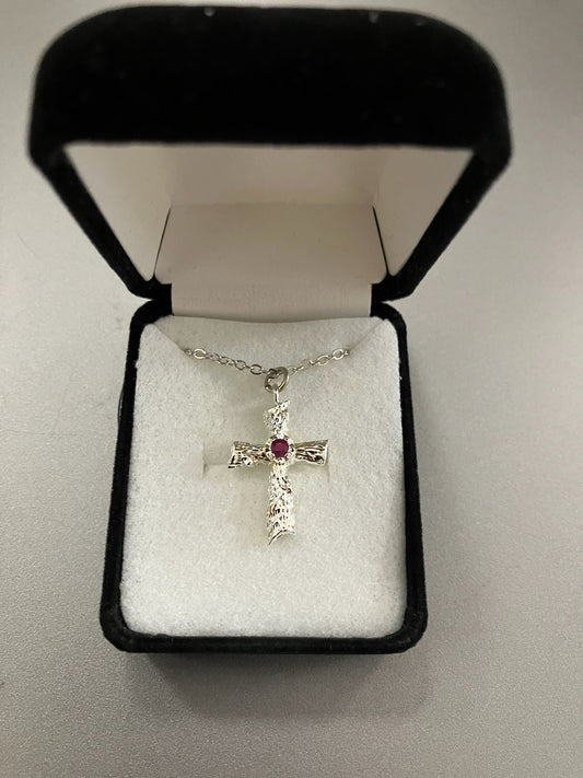Cross Sterling Silver with Red Stone