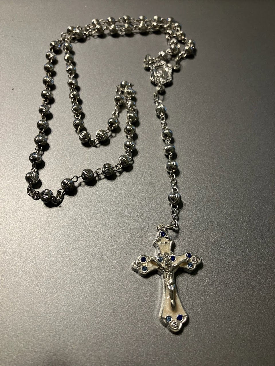 Silver Tone Rosary with Enamel Decorative Crucifix