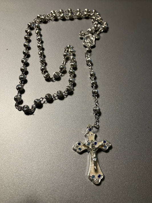 Silver Tone Rosary with Enamel Decorative Crucifix
