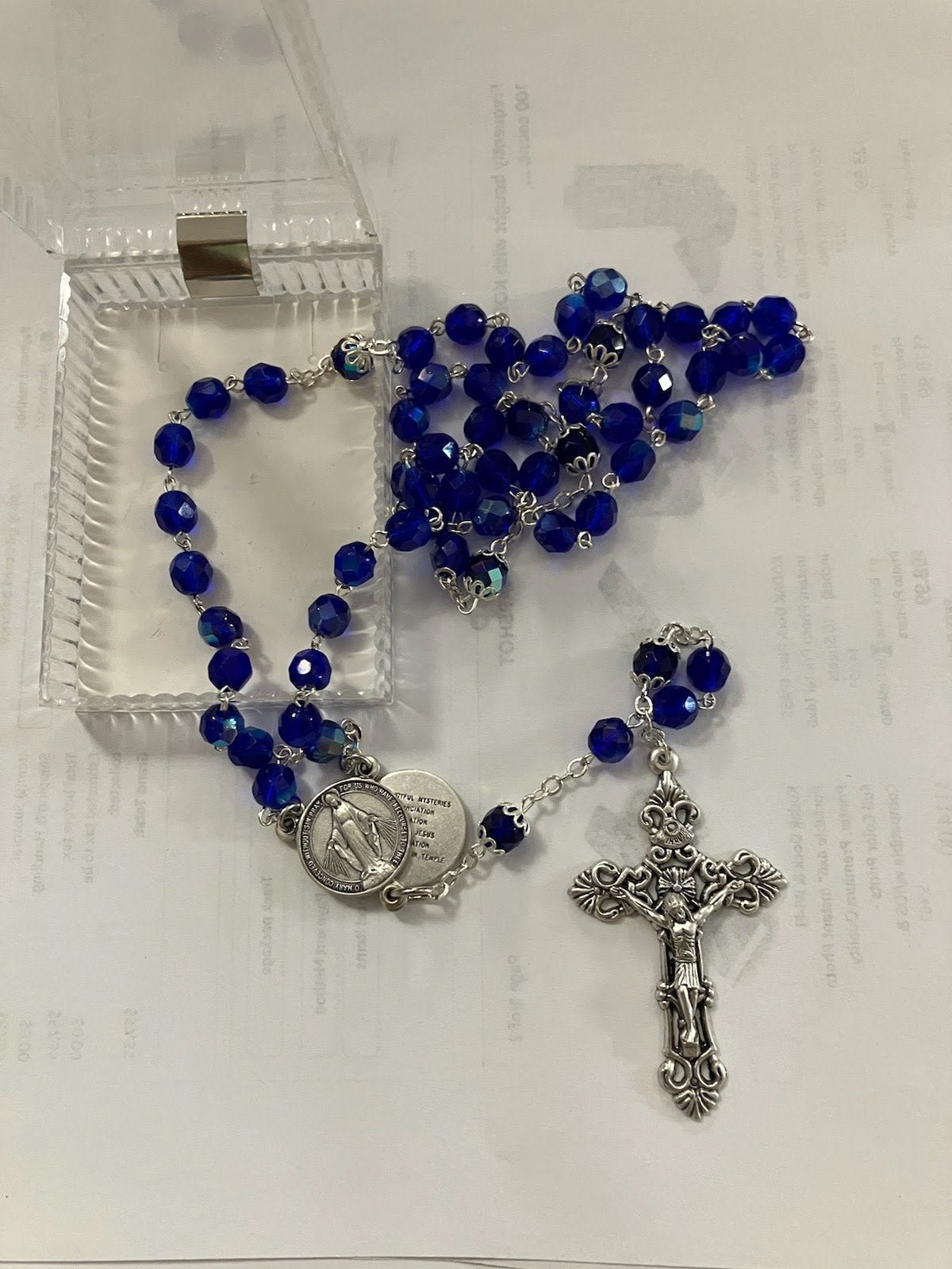 Mysteries Of The Rosary Center With Crystal or Sapphire Blue Beads