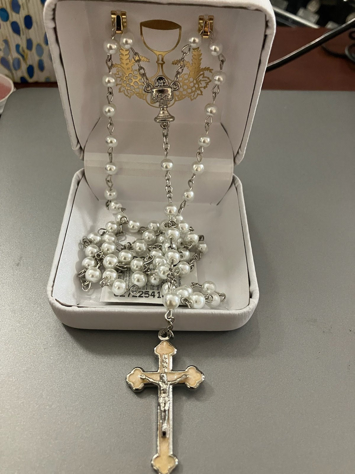 First Communion Rosary with Enameled Crucifix and Center for Boy or Girl