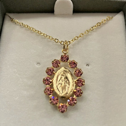 Austrian Crystal Miraculous Medal on Gold Tone Chain