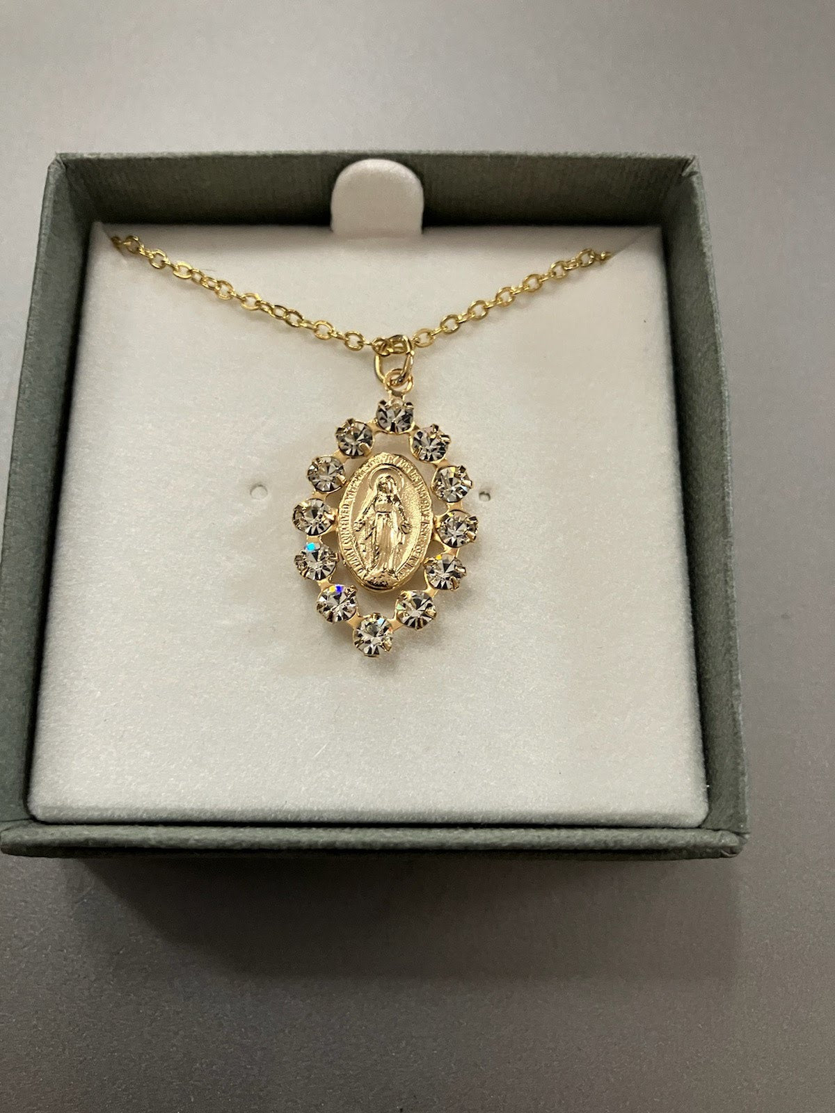 Austrian Crystal Miraculous Medal on Gold Tone Chain