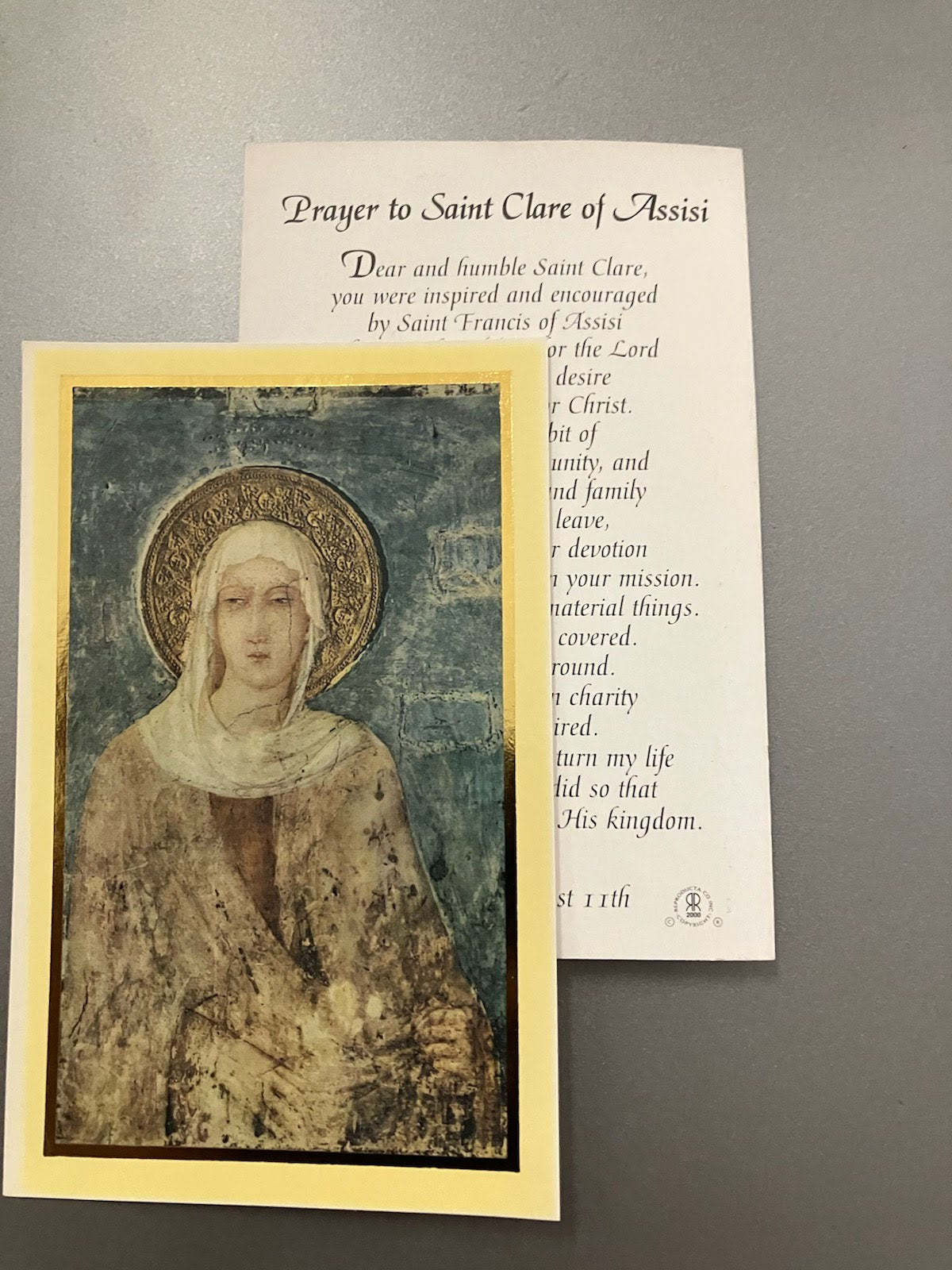 Prayer to St. Clare of Assisi Holy Card