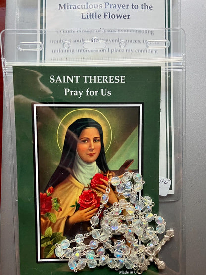 Saint Therese Glass Bead Rosary with Prayer Card