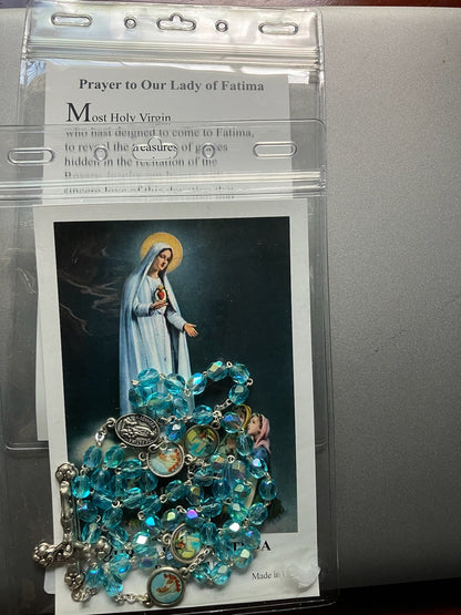 Our Lady of Fatima Glass Bead Rosary with Relic Center & Prayer Card