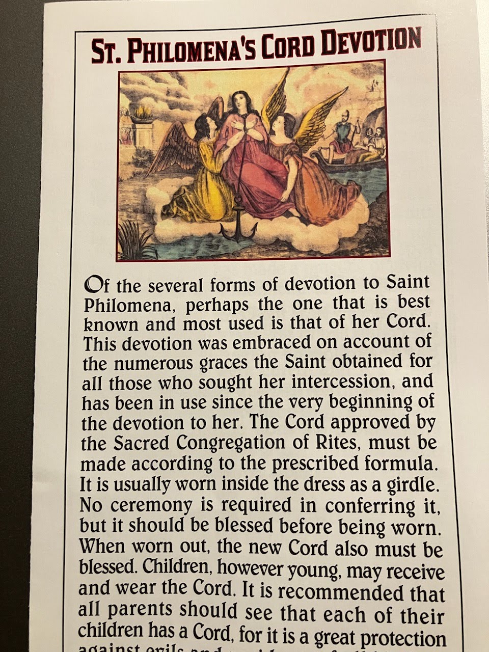 St. Philomena Cord and Devotion Card