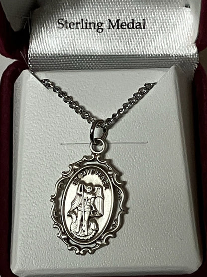 St. MIchael Sterling Silver Medal with Filagree on Stainless Chain