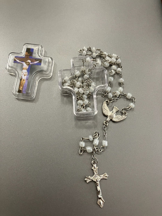White Rosary in Cross Shaped Case