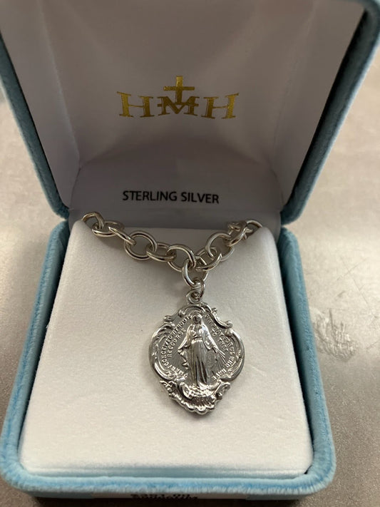 Sterling Silver Miraculous Medal on 18" Extra Heavy Solid Sterling Silver Link Chain