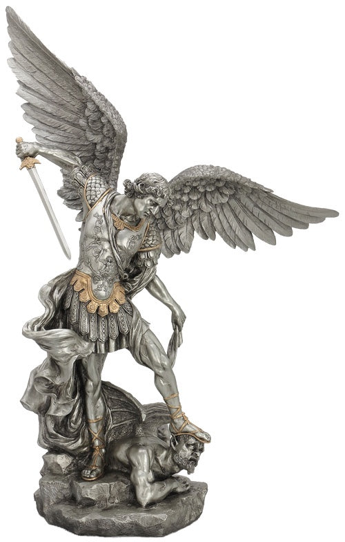 A Veronese St. Michael statue in a pewter style finish with golden highlights, 29"