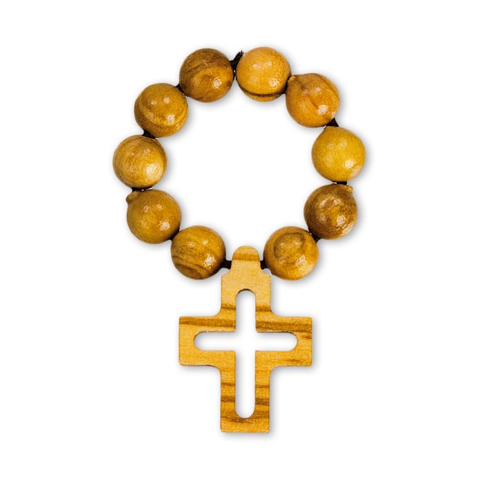 Olive Wood Bead Finger Rosary Ring with Cross