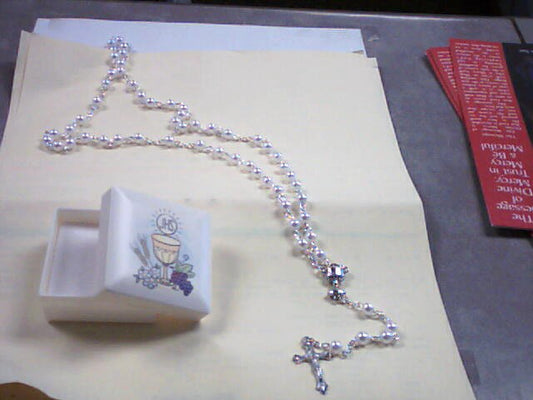 First Communion Rosary in white imitation pearl enclosed in box with chalice