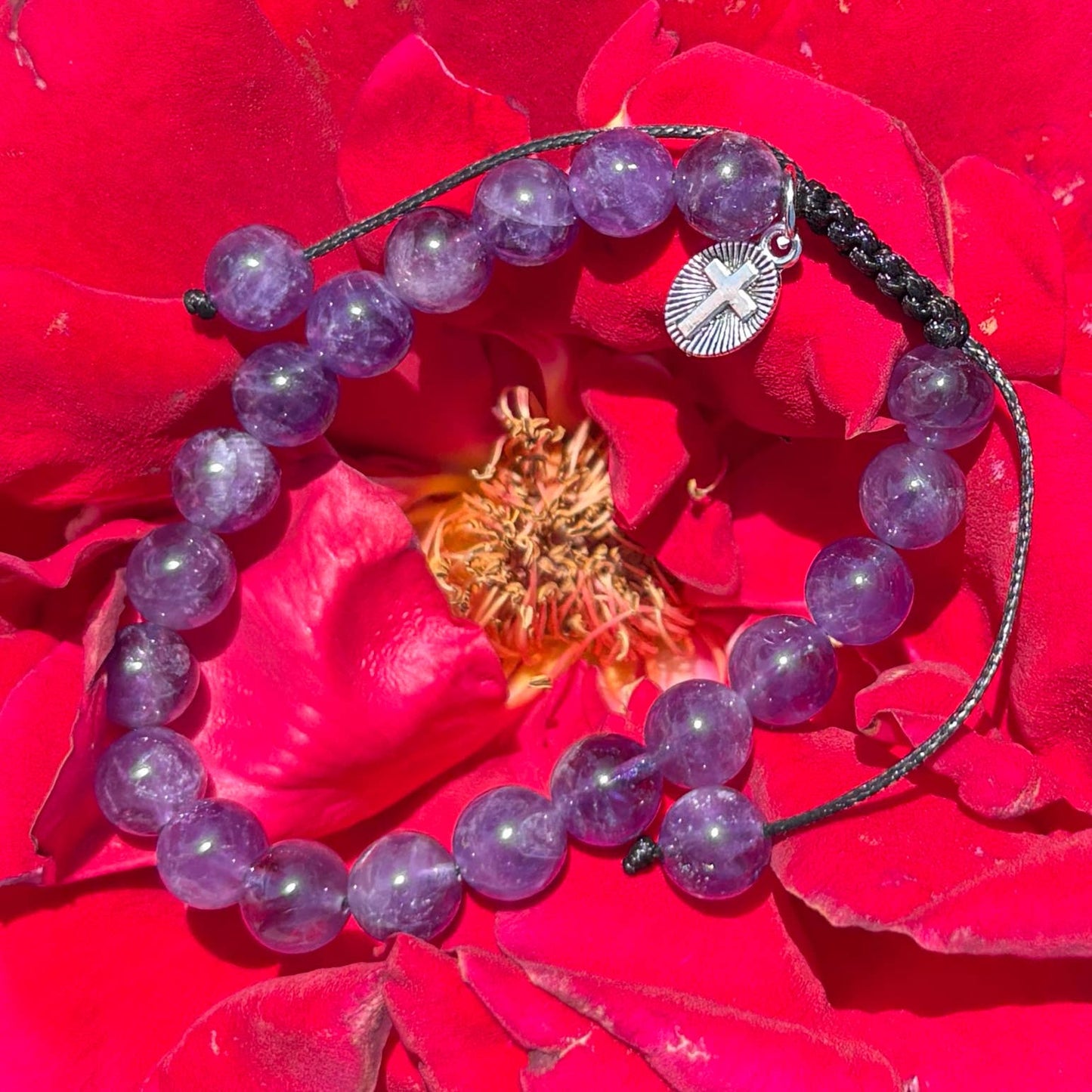 Genuine Amethyst Gemstone Bracelet with Cross Charm - 7"