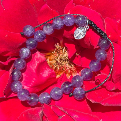 Genuine Amethyst Gemstone Bracelet with Cross Charm - 7"