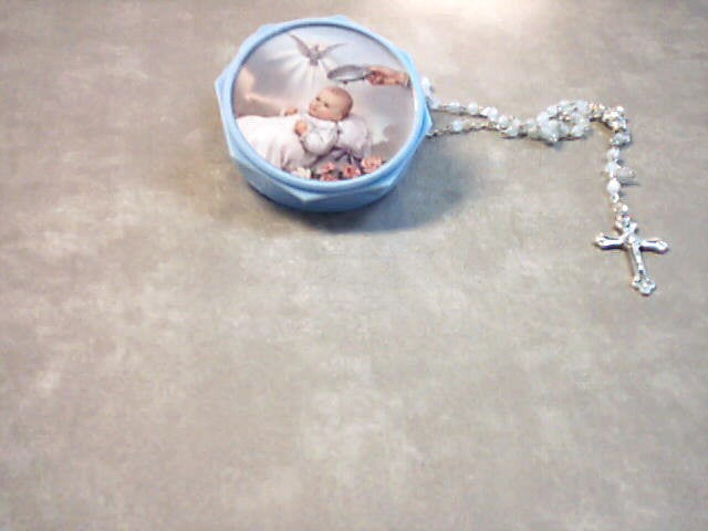 Blue Baptism rosary case with blue rosary