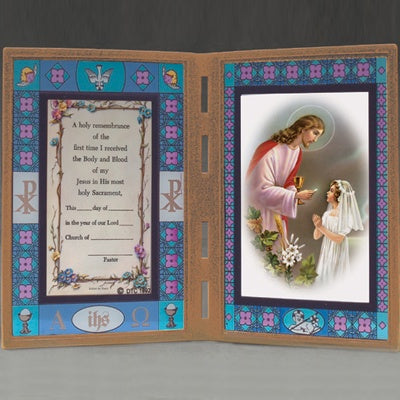 First Communion Stained glass frame for girl with Remembrance Card