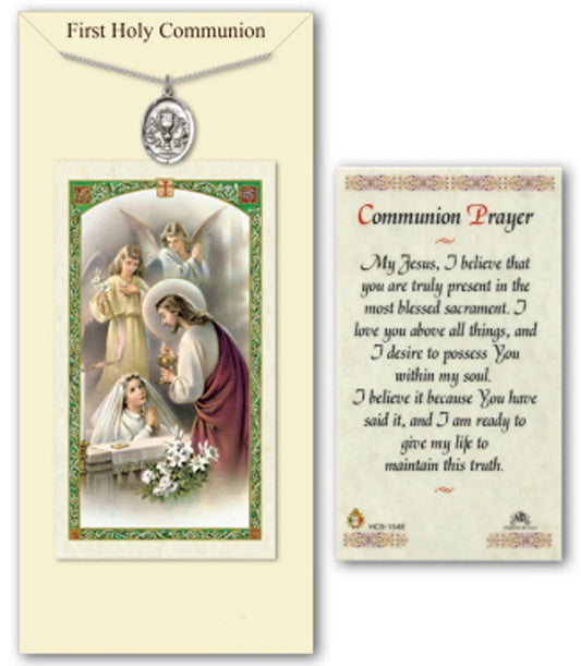 First Communion Chalice Medal Necklace with Girl's Communion Prayer Card