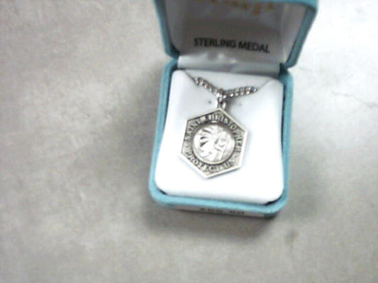 St. Christopher sterling silver medal in hexagon shape with diamond cut on 24 inch stainless steel chain