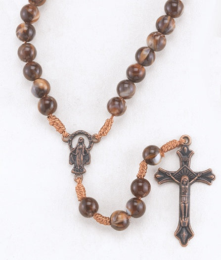 Marbleized Brown Bead Rosary with Antique Copper Metal Crucifix and Center