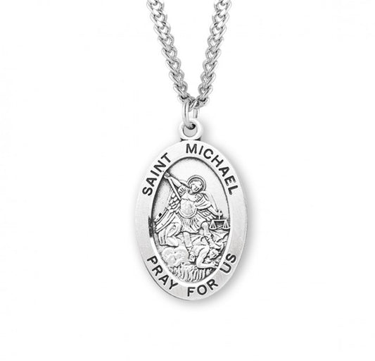 St. Michael Oval Medal - Sterling Silver - with Chain