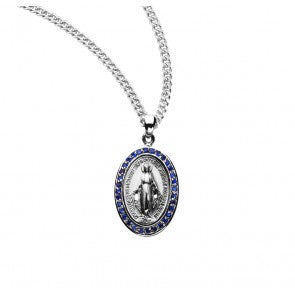Miraculous Medal oval in sterling silver with blue stones