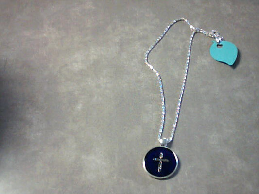 Cross medal with blue enamel background on 18 inch silver plate necklace