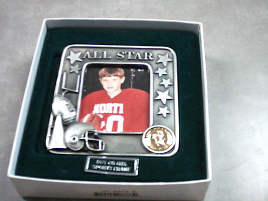 Football pewter boy or girl sports frame with St. Christopher medal