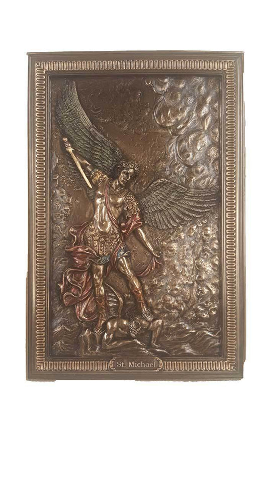 St. Michael Plaque, Cold Cast Bronze, Lightly Hand-Painted, 6x9"