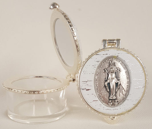 Miraculous Medal Rosary/Jewelry round clear box, 1.5" in diameter