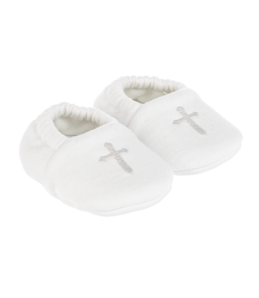 White Baby Slippers With Silver Cross