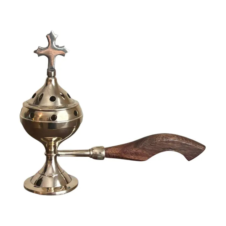 Incense Burner with Wooden Handle, Brass - 8"
